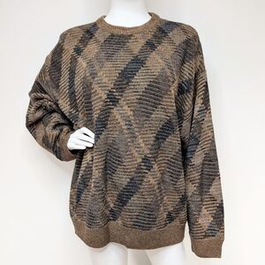 90s Men's Tan, Brown, & Gray Plaid Crew Neck Sweater